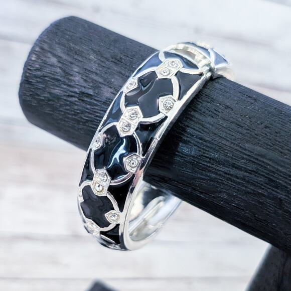 Vintage Hinged Bracelet Black & Silver Tone with Clear Gems - Picture 2 of 7